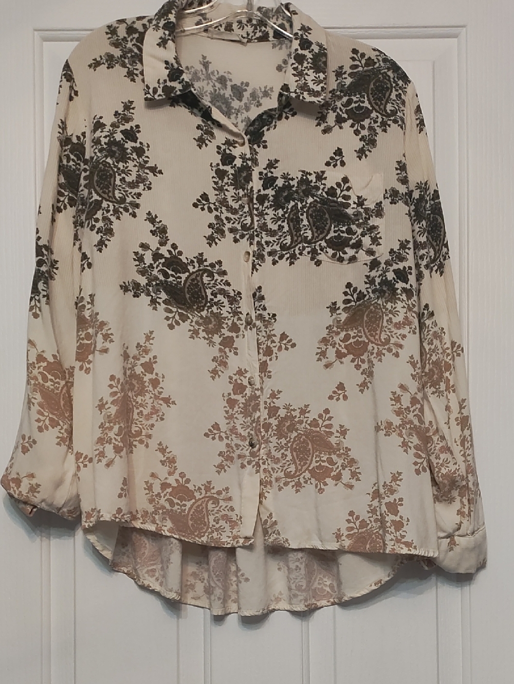 Mystree Cream Paisley Button-Down Shirt with Brown and Olive Print